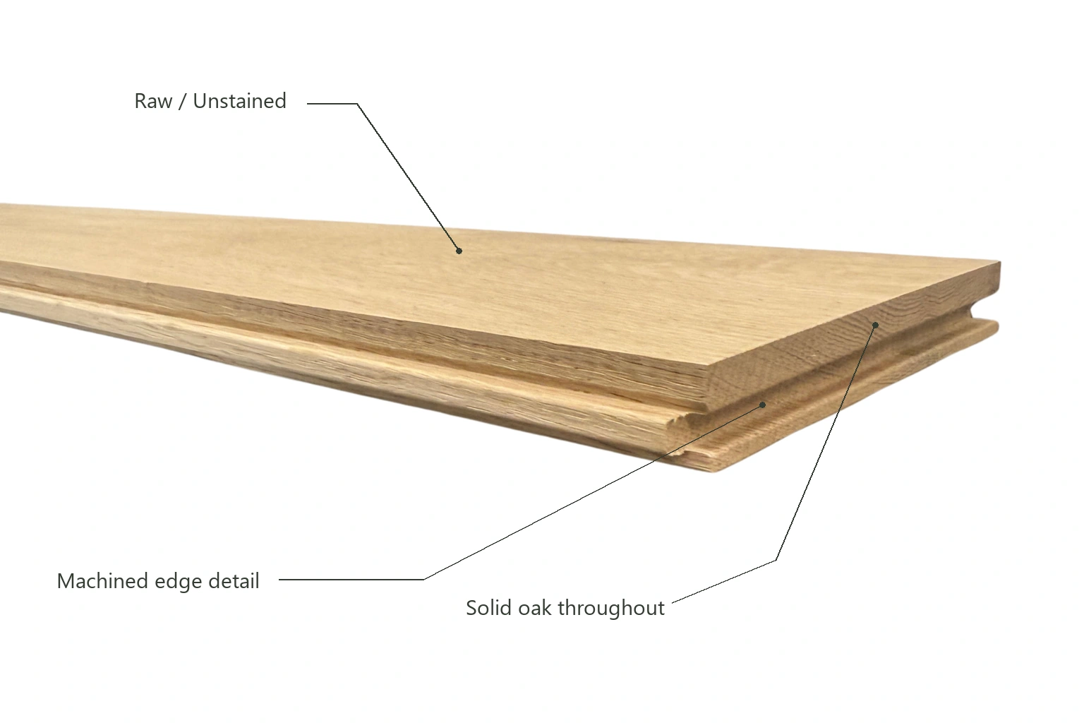 Raw, unstained oak, solid all the way through. Our parquet boards are 18 mm thick. Their natural grain is the starting point for your floor.