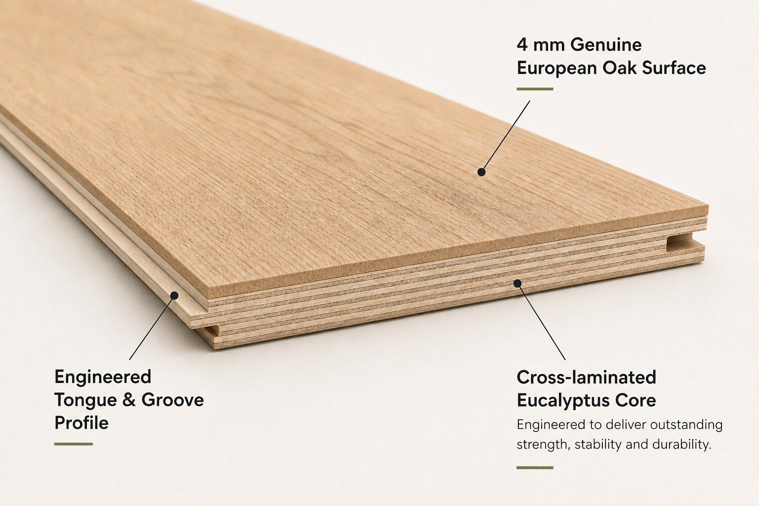 4 mm European oak over a multi-layer eucalyptus hardwood plywood core.