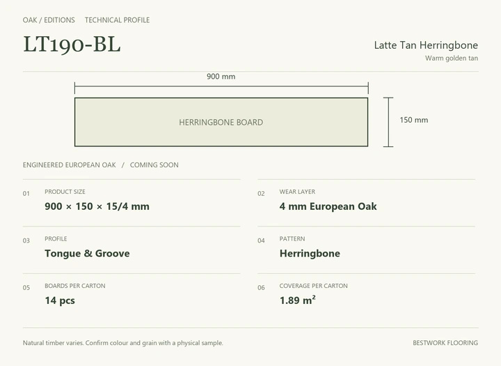 Latte Tan Herringbone · Technical parameters and board dimensions