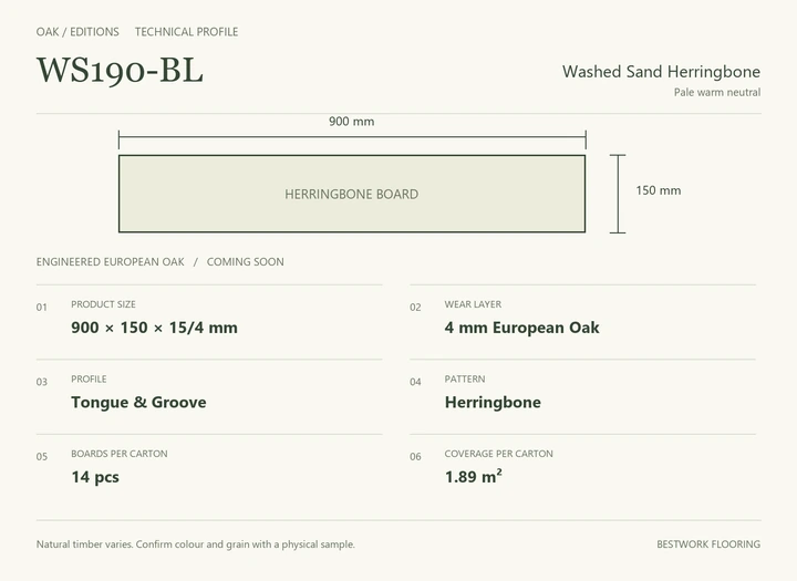 Washed Sand Herringbone · Technical parameters and board dimensions