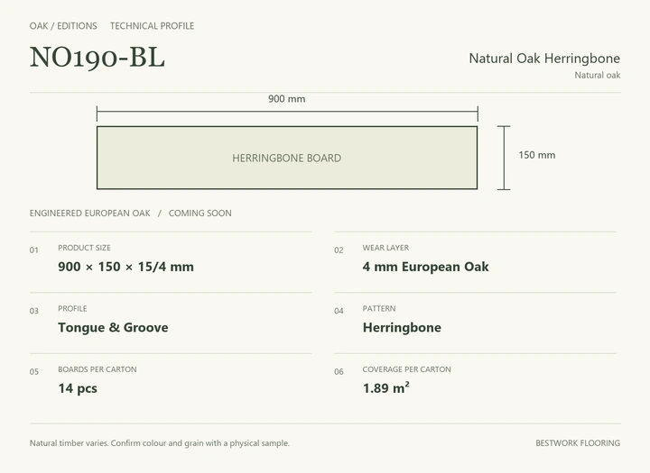 Natural Oak Herringbone · Technical parameters and board dimensions