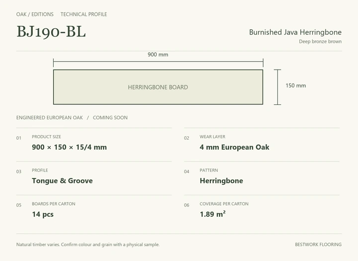 Burnished Java Herringbone · Technical parameters and board dimensions