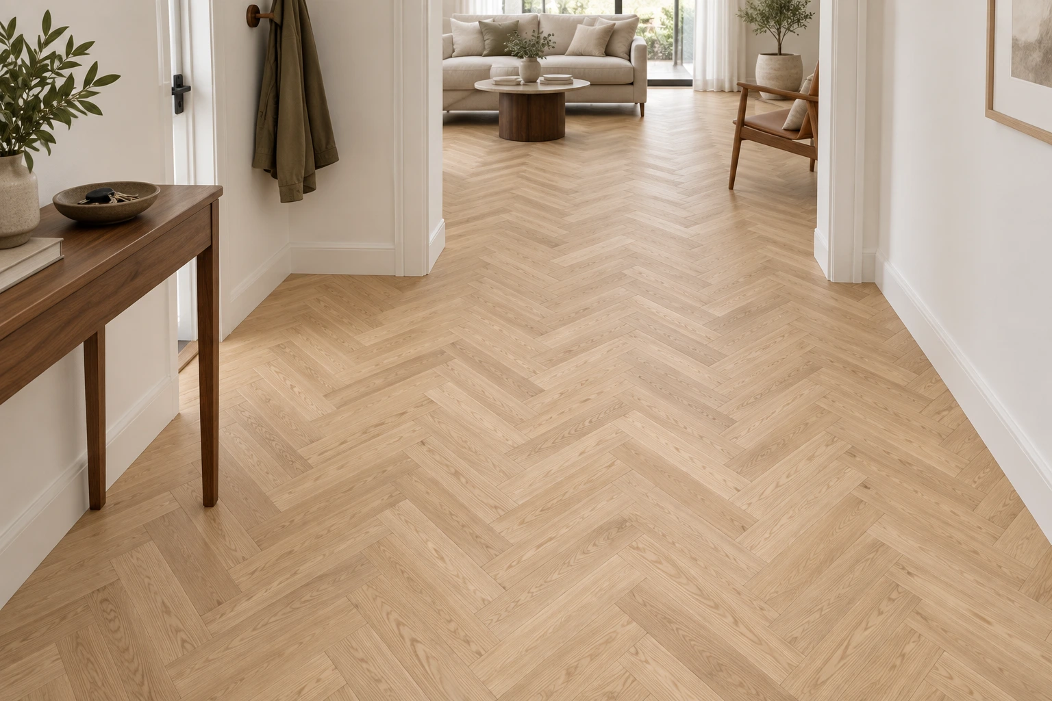 Solid oak herringbone · 450 × 90 × 18 mm