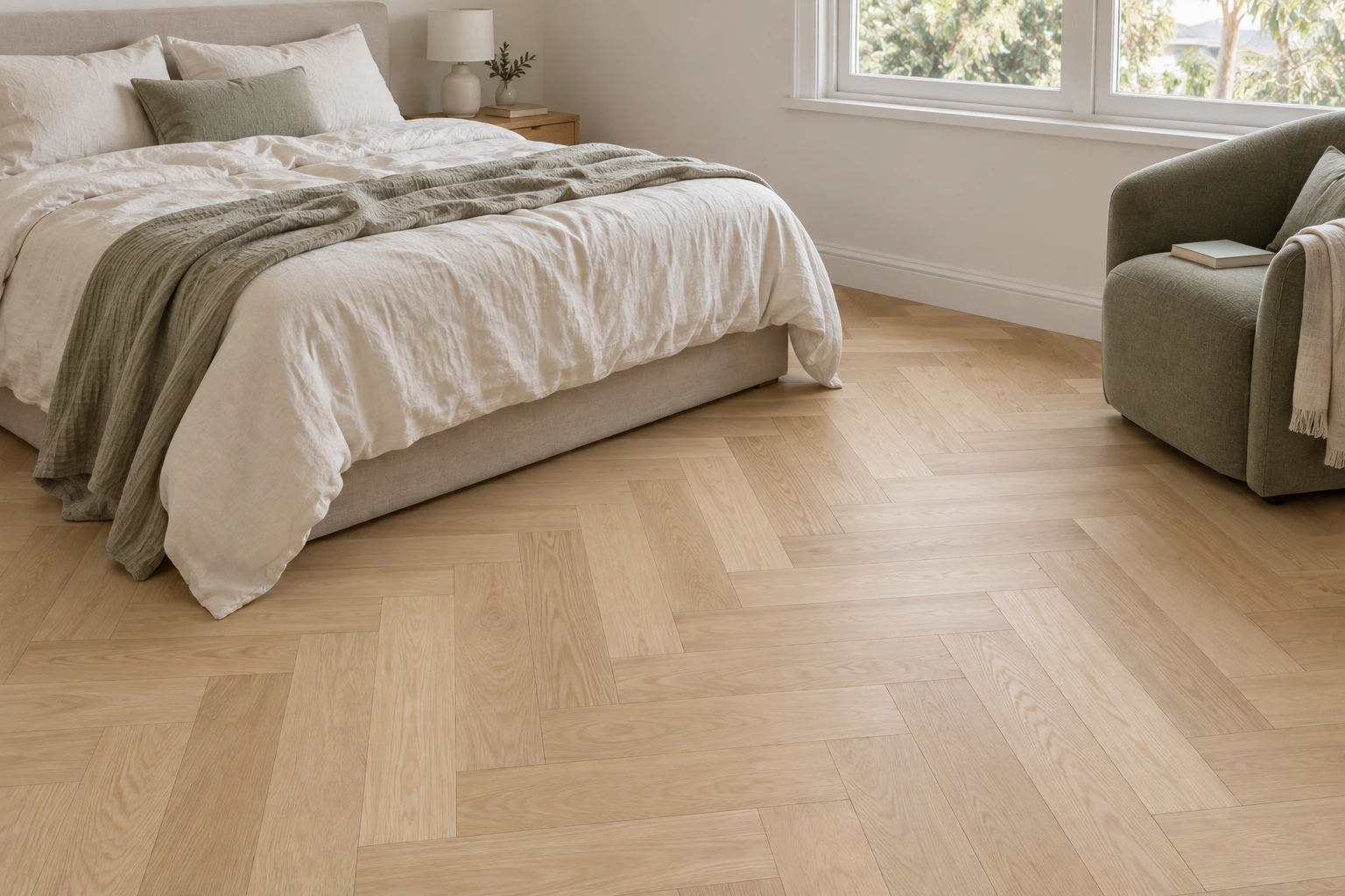 Raw solid oak Herringbone 610 flooring in a bedroom